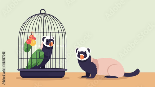 A ferret outside a cage looks at another ferret inside a cage with toys