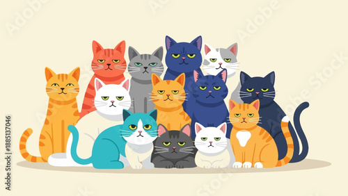 A diverse group of cartoon cats with various expressions sit together