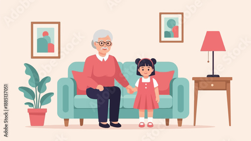 A grandfather and granddaughter hold hands on a sofa in a cozy living room