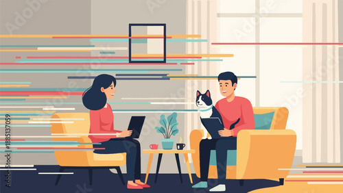 A diverse couple works remotely from home, their dog nearby