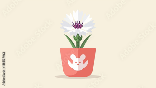 A cute cartoon white flower with purple center blooms in a pink pot