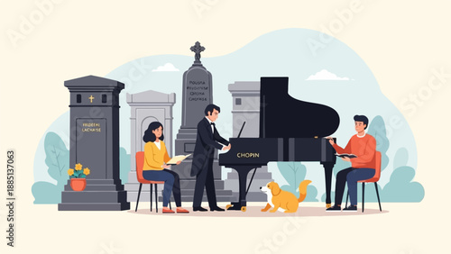 A graveyard scene with musicians and a dog beside a piano