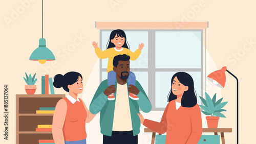 A diverse family enjoys a warm moment together in a cozy room