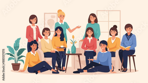 A diverse group of women gather indoors, sharing conversation and a warm atmosphere