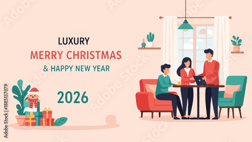 A festive greeting for the new year with a cozy interior scene and gifts