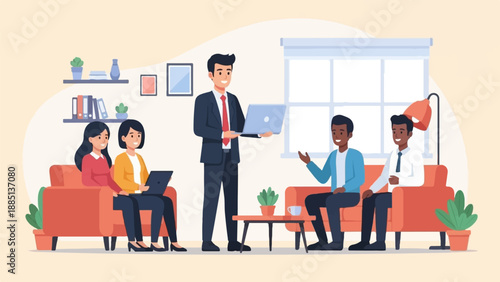 A diverse group of colleagues collaborate in a modern office setting, discussing ideas