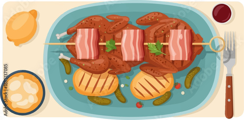 A festive platter with a roasted chicken, bacon strips, pickles, and grilled bread