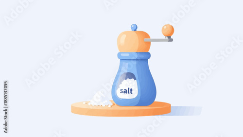 A cute, cartoon-style salt grinder with a pile of salt beside it