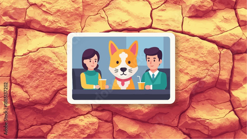 A dog and two people sitting at a table with drinks, against a rocky background