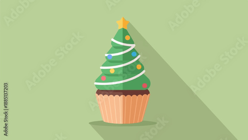 A flat design illustration of a decorated Christmas tree cupcake