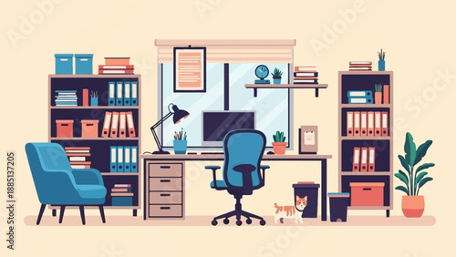 A cozy home office setup with a computer, chair, desk, and a playful cat