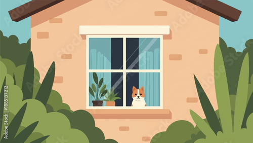 A cute dog peeks out from a house window surrounded by greenery