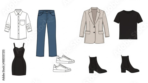 Fashionable clothing items laid out for outfit selection.