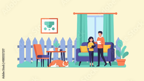 A cozy home scene with a couple, dog, and outdoor seating area
