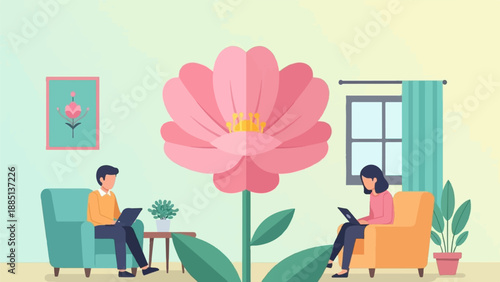 A cozy home scene with people using laptops amidst oversized flowers