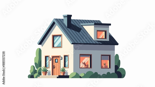 A cozy, illustrated dwelling with a dog looking from a window