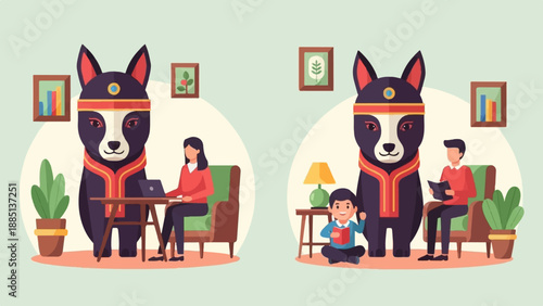 A dog in traditional attire observes a family at home