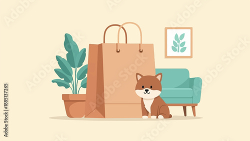 A cute dog sits next to a large shopping bag and potted plant