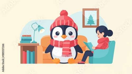 A cozy indoor scene with a girl reading and a penguin on a couch