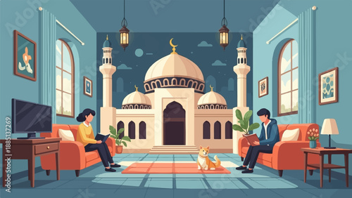 A cozy indoor scene with a mosque view, people reading, and a dog