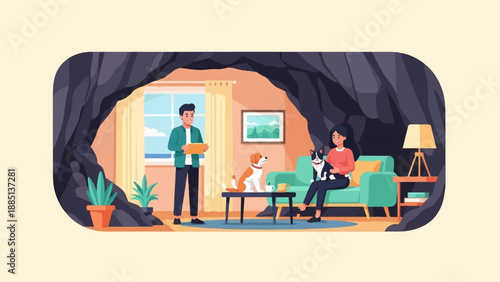 A cozy indoor scene with people, pets, and interior design elements
