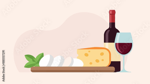 A flat illustration of a cheese, mozzarella, grapes, and red wine
