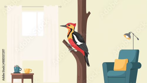 A colorful woodpecker perches on a branch inside a room with furniture