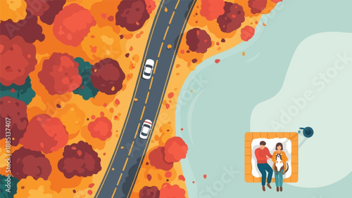 A couple and dog enjoy autumn picnic by a road and water