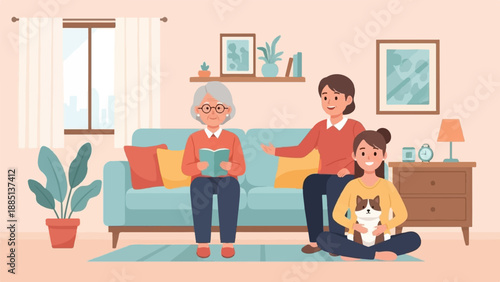 A cozy living room scene depicts three generations of women, including a grandmother reading, sharing time together