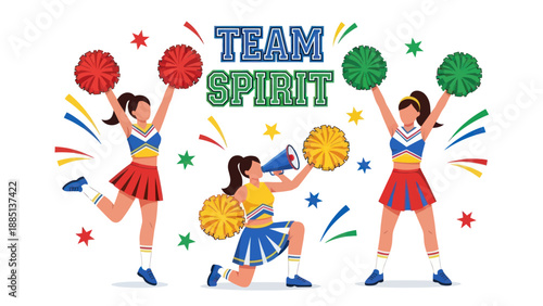 Cheerleaders Team Spirit Celebration with Pom Poms and Megaphone