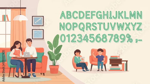 A cozy living room scene with a couple, children, and alphabet graphics