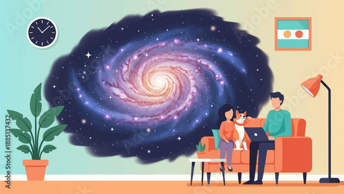 A couple and dog relax on a couch, gazing at a vibrant spiral galaxy mural