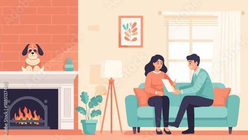 A cozy living room scene with a couple discussing papers near a fireplace and a dog