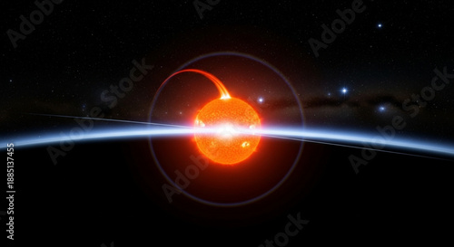 Vibrant orange sun with solar flare and coronal loop against a dark starry background with a curved blue light