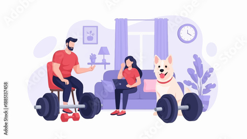 A couple and their dog are working out and working from home