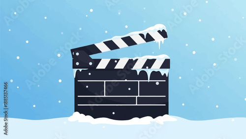 A classic movie clapboard covered in snow and icicles amidst falling snowflakes