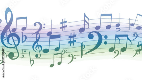 Colorful Music Notes on Staff Lines, Abstract Musical Background