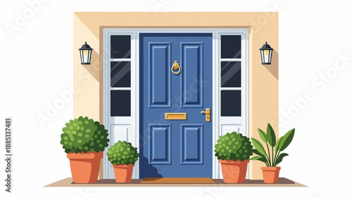A classic blue front door with brass hardware and potted plants
