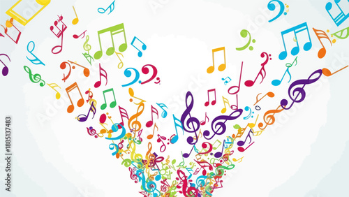 Colorful Music Notes Flowing Outward, Abstract Sound Wave