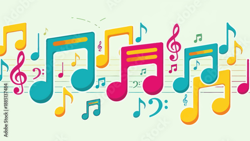 Colorful musical notes and symbols on a light background, creative illustration