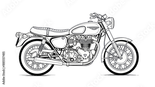 Classic Motorcycle Illustration - Vintage Styled Motorbike, Black and White Line Art