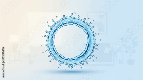 A circular water splash hovers against a soft, blurred background of interior decor