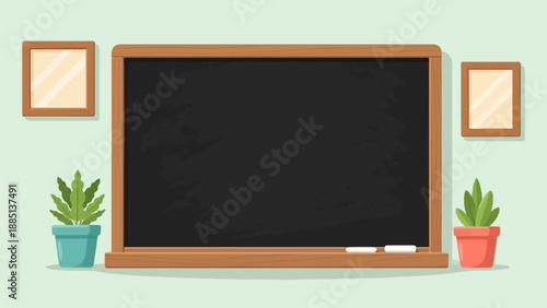 A classroom blackboard with potted plants and framed art on a light green wall