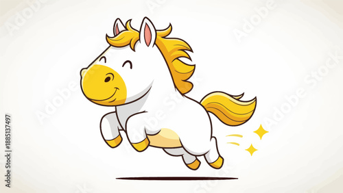 Cute cartoon white horse jumping with joy, yellow mane and tail, playful illustration