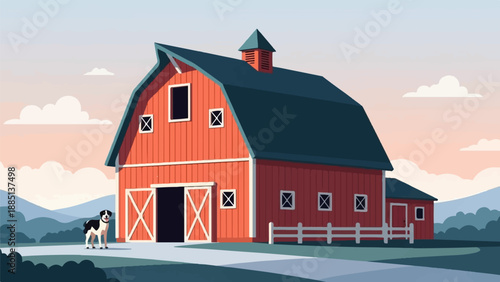 A classic red barn with a dog in front, against a pastel sky