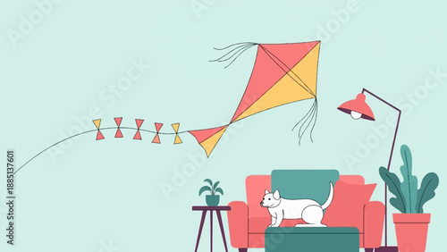 A dog rests on a sofa next to plants and a lamp, a kite flies above