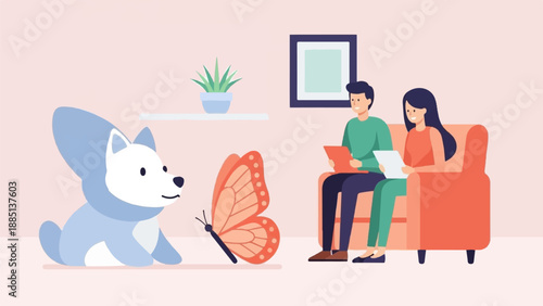 A cartoon dog and butterfly interact near a seated couple