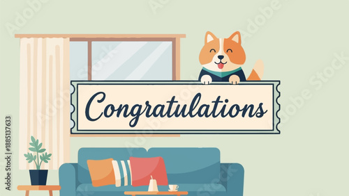 A cartoon dog in a graduation cap holds a "Congratulations" sign