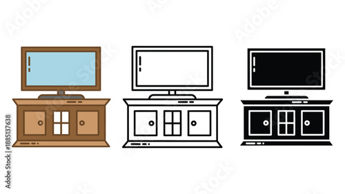 A set of three television stands with different design styles and colors
