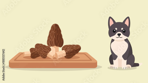 A cartoon dog sits next to a wooden cutting board with morel mushrooms